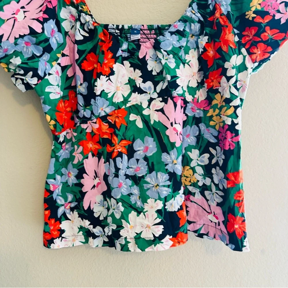 Old Navy Size XL Trapeze Blouse Top Floral Puff Short Sleeve Wide Neck Bohemian